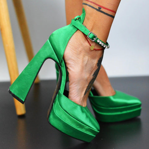 Pantofi De Dama Diamond Cu Toc Verde Din Material Satinat